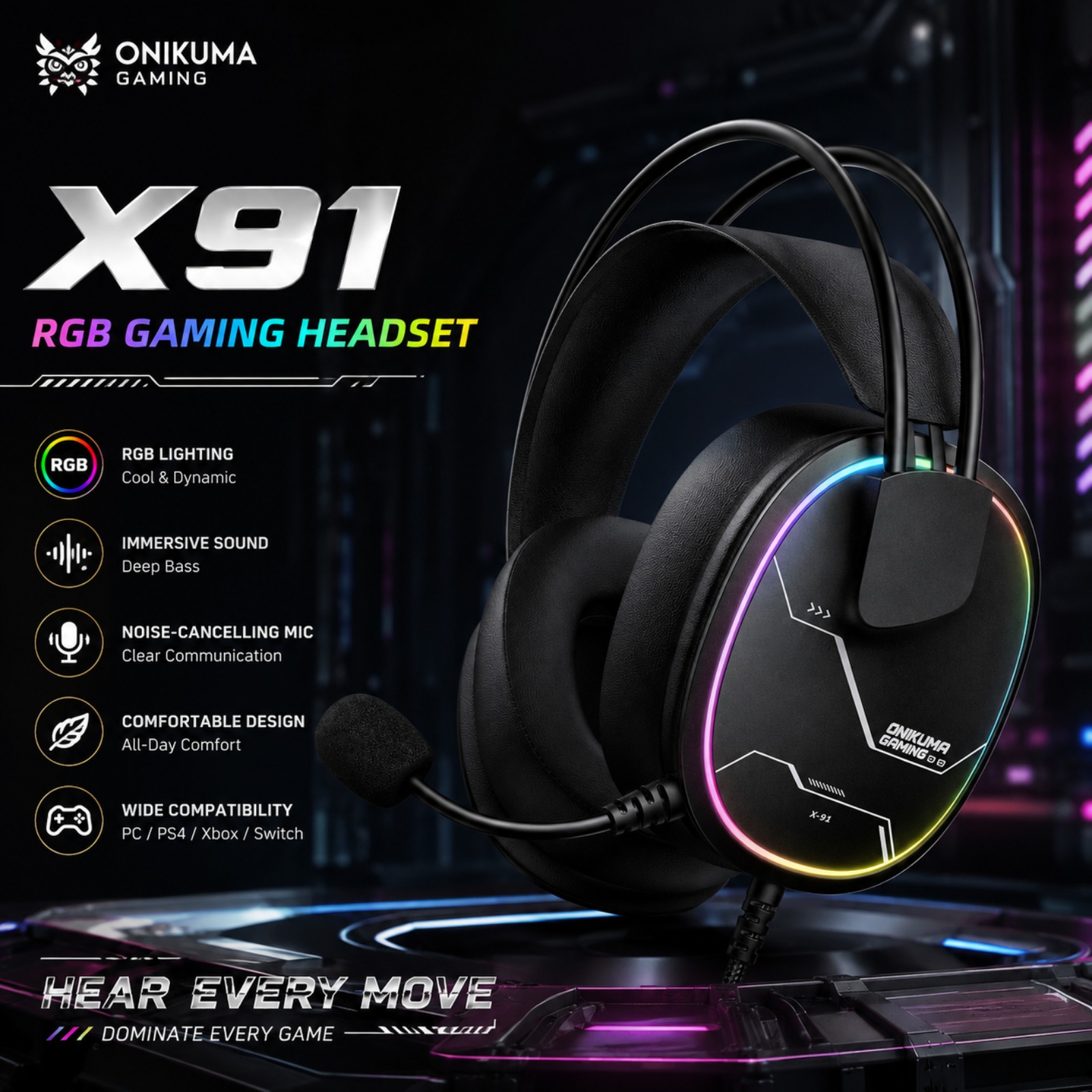 Gaming Headset Rgb - سماعة ألعاب سلكية ONIKUMA X91 مع